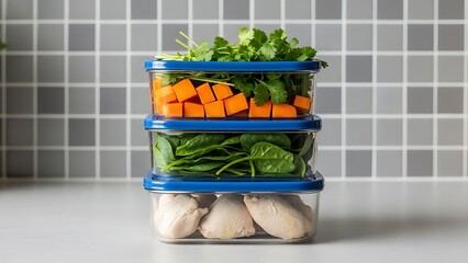 Healthy meal prep containers with fresh vegetables and mushrooms for fitness enthusiasts using a meal planner