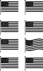 Black and white american flags poles in various positions