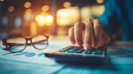 A hand works on a calculator by glasses and charts in soft evening light Generative AI
