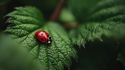 A vibrant ladybug with red shell and black dots, sits on a green leaf