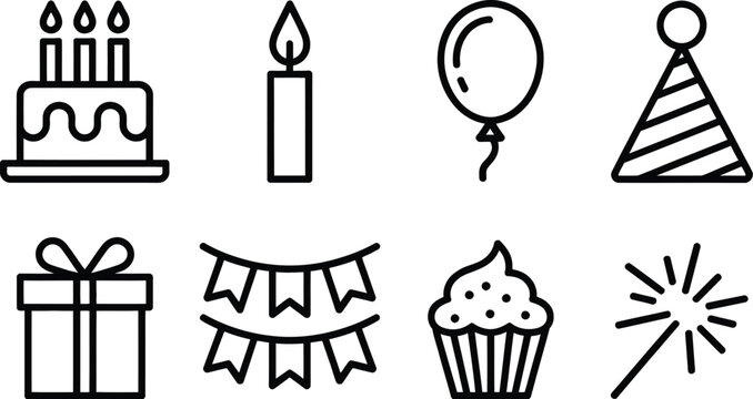 Black and white line of birthday including cake candle balloon hat gift banners cupcake explosion