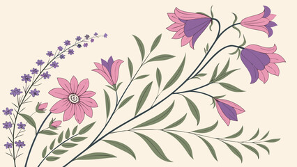 Floral Arrangement with Bellflowers and Delicate Blooms Illustration.