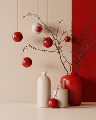 Minimalist red christmas interior decor with hanging ornaments and vases with table and decoration with festive