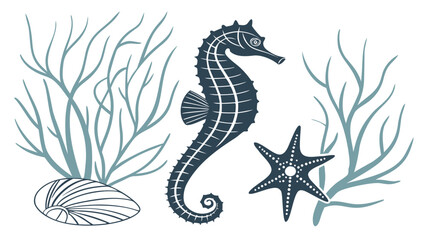 Obraz premium Seahorse and Starfish with Seaweed Illustration Marine Life Art.