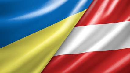 Fototapeta premium Ukraine and Austria two national flags filling the entire frame, close-up view, edge-to-edge composition