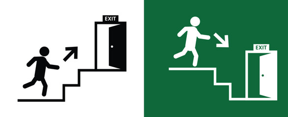 Emergency Exit Evacuation Sign Icon with Stairs and Door &ndash; Safety Escape Route, Fire Exit, Emergency Wayfinding, Building Evacuation Symbol Vector