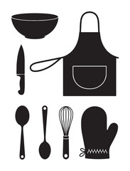 Black silhouettes of kitchen utensils and apron white bowl knife