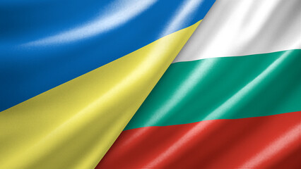 Obraz premium Ukraine and Bulgaria two national flags filling the entire frame, close-up view, edge-to-edge composition