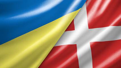 Obraz premium Ukraine and Denmark two national flags filling the entire frame, close-up view, edge-to-edge composition