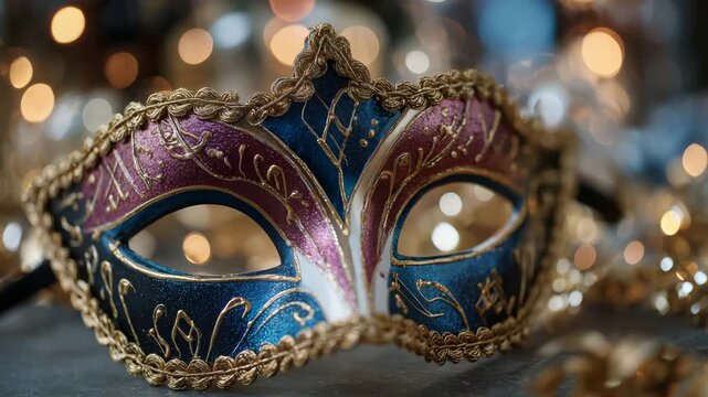 Ornate carnival masquerade mask, rich colors and decorative patterns, soft-focus party background with sparkling bokeh, festive atmosphere inspired by Venice and Rio carnivals, cle
