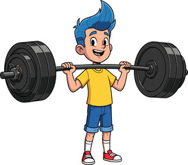 Cartoon weightlifter character, fitness illustration, strong pose, gym workout, barbell lift, sporty style, animated strength, exercise fun, healthy lifestyle, training moment