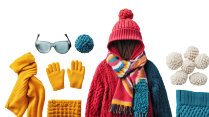 Winter accessories collection on transparent background