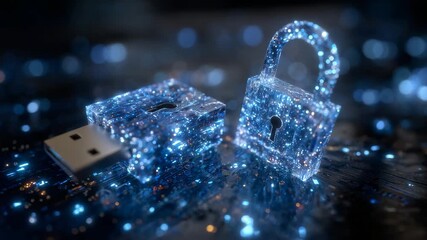 Padlock and USB flash drive in security visualization, blue LED glow, moody tech environment, emphasizing encryption, safe data transfer, and cybersecurity awareness - Powered by Adobe