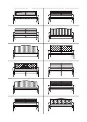 Black silhouettes of various park benches with different furniture