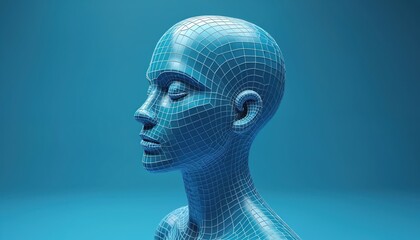 Digital wireframe head on blue background. Cyberpunk style. AI face with mesh grid. Female profile with future tech. Concept for digital identity, innovation, biotech, science cyberspace. Artificial