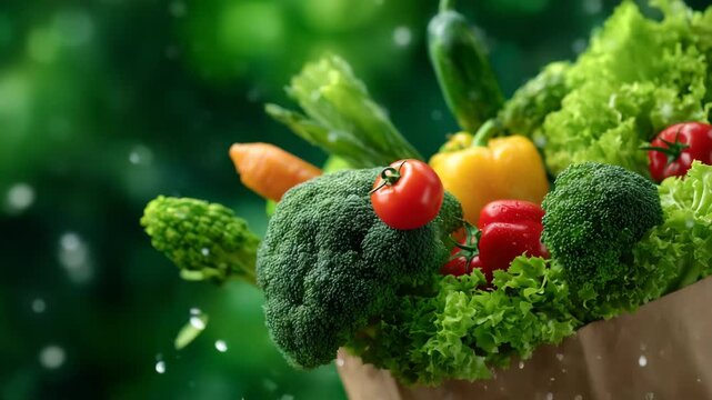 Paper bag with vegan groceries exploding outward, fresh fruits and vegetables flying in different directions, bright green background, modern healthy food advertising layout with c
