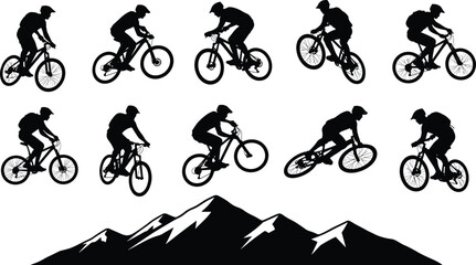 Mountain biking silhouette, extreme sport, rugged terrain, adventure ride, cycling action, outdoor lifestyle, alpine backdrop, dynamic motion, trail challenge, nature thrill © Jonab