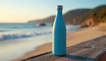 Blue water bottle on wooden surface with scenic beach background. Ocean waves gently touch the shore near the bottle. Peaceful coastal photo at sunset light.