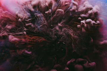 Abstract colorful smoke background. Moving flow of blue, red, white paints, fluid art