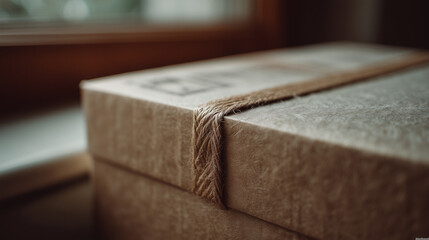Close-up view of a cardboard box wrapped with twine, symbolizing moving, packing, and the transition to a new home or apartment.