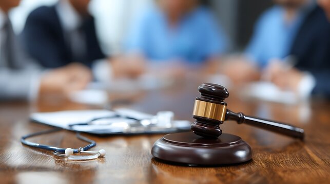 A wooden gavel and stethoscope sit on a conference table with blurred figures in the background