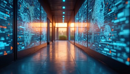 Futuristic interior with large screens displaying complex data network. Corridor with digital displays illuminated by warm light creating tech, innovation mood. Digital world represented on walls.