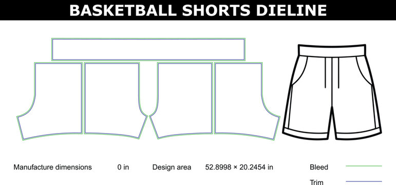 A technical drawing of basketball shorts with detailed design specifications and measurements.