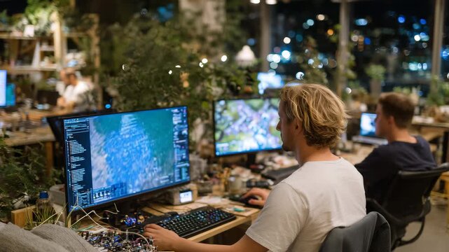 Programmers developing a video game in a cozy workspace, screens showing code and game graphics, casual seating, warm indoor lighting, collaborative and innovative mood