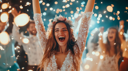 Ecstatic bride wearing delicate lace wedding gown and floral crown, raising her hands in triumph while laughing amidst shower of glowing, golden bokeh lights at joyful reception.