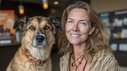 adopter holds rescue dog with bright collar near shelter wall
