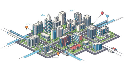 Isometric view of a modern city with transportation and balloons.