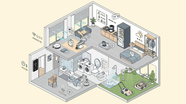 Isometric smart home with automated devices and digital control.