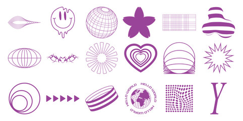 Collection of purple abstract geometric shapes and symbols white