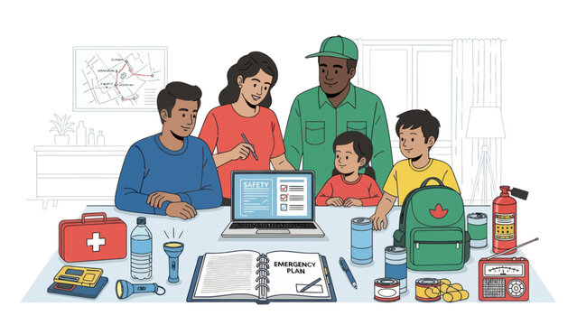 Family discusses emergency preparedness and disaster plan.