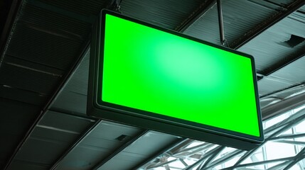 Modern hanging sign with green chroma screen under sleek metal ceiling. A versatile minimalist architectural element for post-production text, icons, branding in wayfinding, office, exhibition project