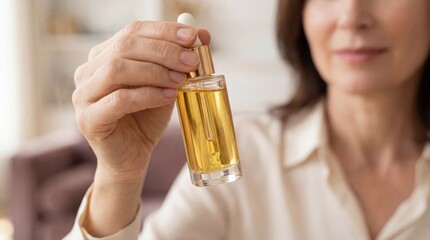 Fototapeta premium Mature woman holding natural beauty serum bottle