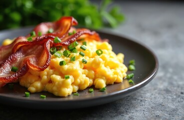 Fluffy scrambled eggs topped with crispy bacon strips and fresh chives served on a dark plate. This classic breakfast dish offers a hearty and delicious start to any day, providing essential protein.