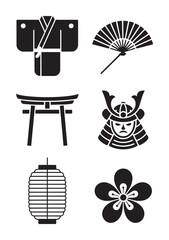 Japanese cultural symbols including kimono, fan, torii gate, samurai helmet, lantern, and cherry blossom