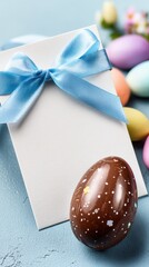 chocolate egg on satin ribbon with gradient card background