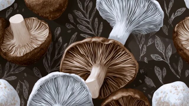 Seamless repeating mushroom illustration, realistic white and brown mushrooms, whole and sliced caps, soft textured background for organic food and natural lifestyle design