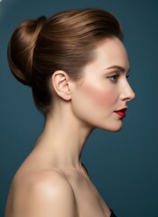 Young caucasian woman with elegant hairstyle and red lipstick in profile. Beauty concept for salon, cosmetics, and skin care advertisement.