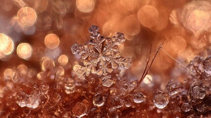Detailed macrophotography of a unique snowflake showcasing its delicate crystalline structure and symmetrical patterns against a dark winter background, ideal for winter, science, and holiday themes