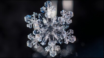 Detailed macrophotography of a unique snowflake showcasing its delicate crystalline structure and symmetrical patterns against a dark winter background, ideal for winter, science, and holiday themes