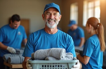 Smiling man in blue shirt and cap holding basket with folded towels. Volunteers work at donation center. Charity people sort clothes. Team members helping community. Happy faces at social service