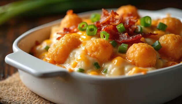 Chicken bacon ranch tater tot casserole in dish. Crispy bacon, green onions garnish dish. Comfort food features creamy sauce, baked potatoes, savory ingredients. This hearty casserole ready to eat.
