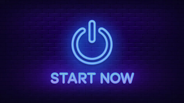 Glowing neon power button with start now text on brick wall - Powered by Adobe