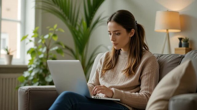 Remote work, freelancing, or digital entrepreneurship. Woman sitting on couch and using laptop. She is wearing a sweater and has her hair in ponytail. Cozy room with potted plant and lamp