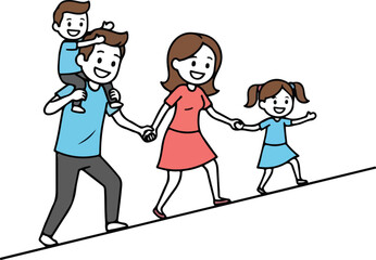 Naklejka premium Happy family walking together uphill holding hands with child on shoulders.