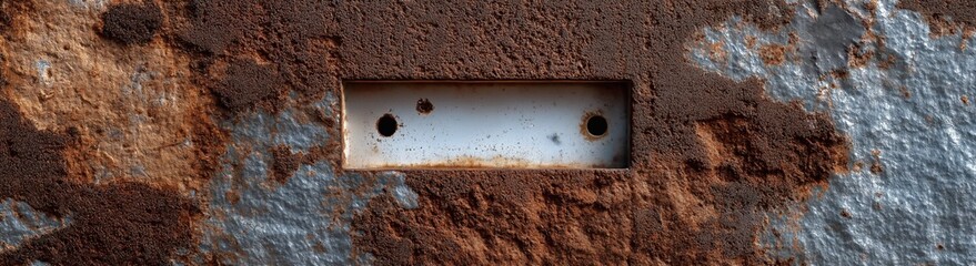 Detail of rusty metal surface with an industrial rectangular opening and holes for texture or background design. Grunge wide banner