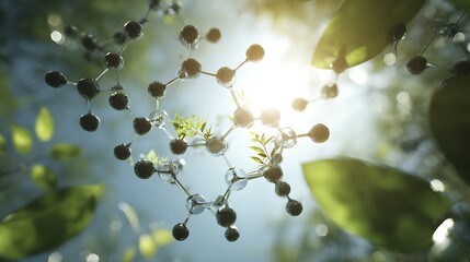 Artistic depiction of a molecule with leafy accents amidst a lush, sun-dappled forest scene